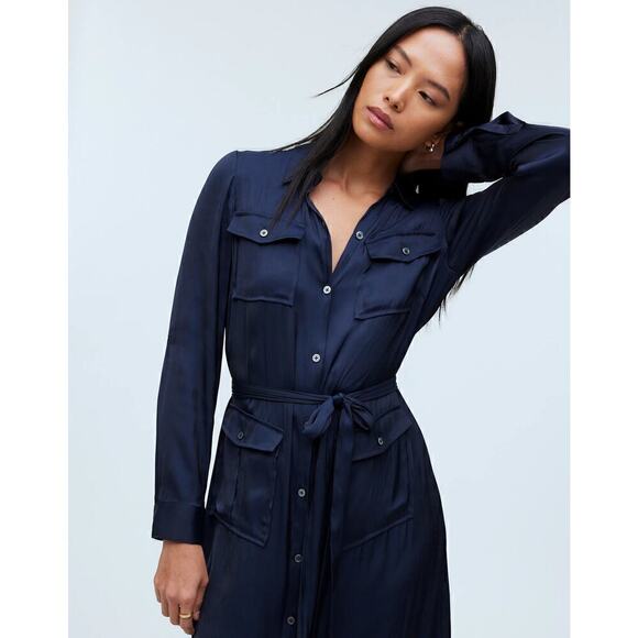 Madewell Button Front Utility Shirtdress in Satin Deep Indigo Blue NWT S - Picture 5 of 14